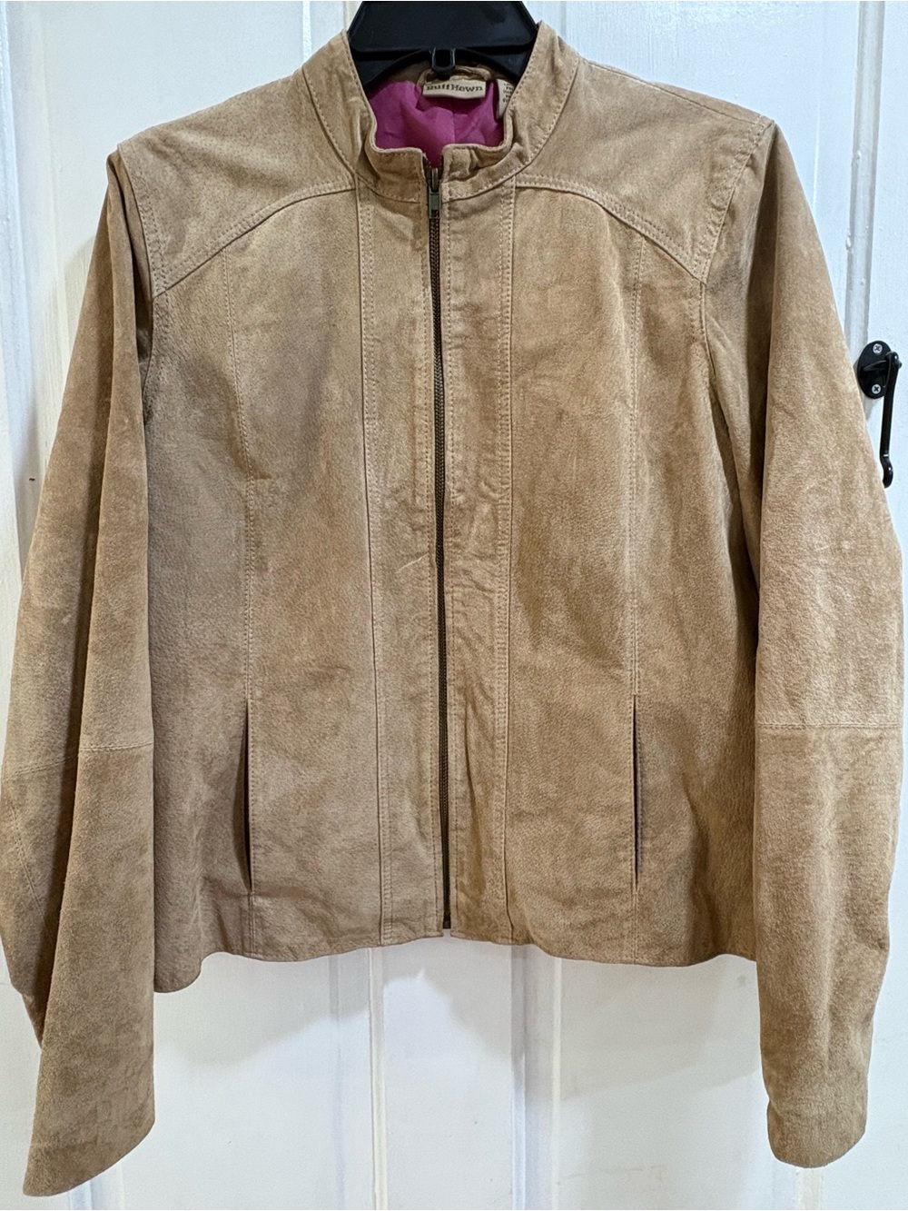 Ruff Hewn Women's Suede Zip-Front Jacket in Tan with Pink Lining